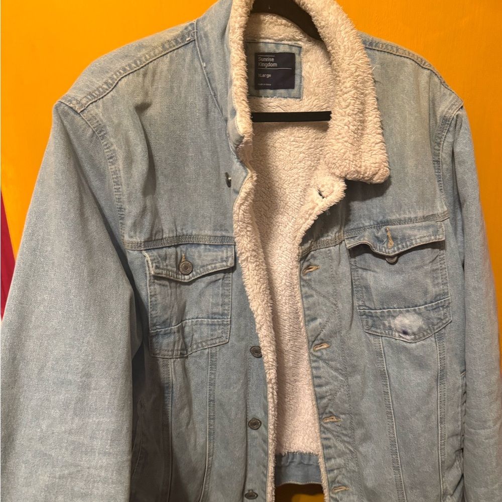 Men Unisex Real Denim Jeans Fur Jacket XL